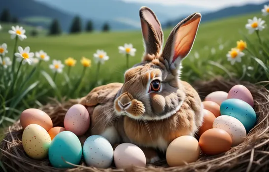 00011-Photo_of_a_ultra_realistic_rabbit_1.5_sit_together_with_an_ultra_realistic_chicken_1.5_in_a_nest_full_of_colorful_easter_eg.webp