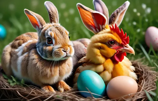 00012-Photo_of_rabbit_1.5_and_a_chicken_1.5.both_are_sitting_in_a_nest_full_of_colorful_easter_eggs.In_a_beautiful_spring_alpine.webp