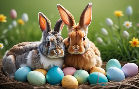 00013-Photo_of_rabbit_1.5_and_a_chicken_1.5.both_are_sitting_in_a_nest_full_of_colorful_easter_eggs.In_a_beautiful_spring_alpine.webp