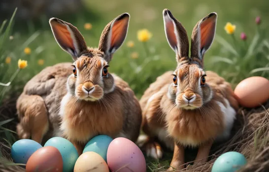 00014-Photo_of_hare_1.5_and_a_hen_1.5.both_are_sitting_in_a_nest_full_of_colorful_easter_eggs.In_a_beautiful_spring_alpine_pastu.webp