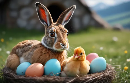 00015-Photo_of_hare_1.5_and_a_chicken_1.5.both_are_sitting_in_a_nest_full_of_colorful_easter_eggs.In_a_beautiful_spring_alpine_p.webp