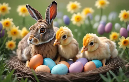 00016-Photo_of_hare_1.5_and_a_chicken_1.5.both_are_sitting_in_a_nest_full_of_colorful_easter_eggs.In_a_beautiful_spring_pasture.webp