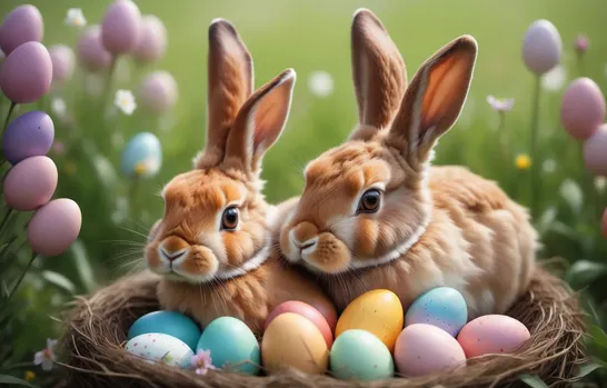 00018-Photo_of_hare_chicken_0.5_with_ears_of_the_bunny_sitting_in_a_nest_full_of_colorful_easter_eggs.In_a_beautiful_spring_pastur.webp