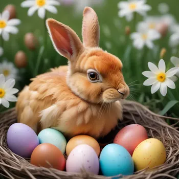 00022-Photo_of_chicken_hare_0.9_sitting_in_a_nest_full_of_colorful_easter_eggs.In_a_beautiful_spring_pasture_with_flowers.hyperre.webp