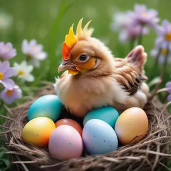 00023-Photo_of_chicken_hare_0.2_with_a_chicken_beak_standing_in_a_nest_full_of_colorful_easter_eggs.In_a_beautiful_spring_pasture.webp