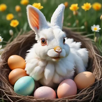 00027-Photo_of_hybrid_animal_from_a_chicken_and_a_hare.Sitting_in_a_nest_full_of_colorful_easter_eggs.In_a_beautiful_spring_pasture.webp