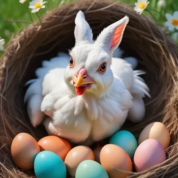 00028-Photo_of_hybrid_animal_from_a_chicken_and_a_hare.Sitting_in_a_nest_full_of_colorful_easter_eggs.In_a_beautiful_spring_pasture.webp