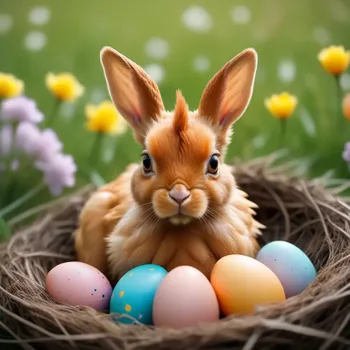 00029-Photo_of_hybrid_animal_from_a_chicken_and_a_hare.Sitting_in_a_nest_full_of_colorful_easter_eggs.In_a_beautiful_spring_pasture.webp