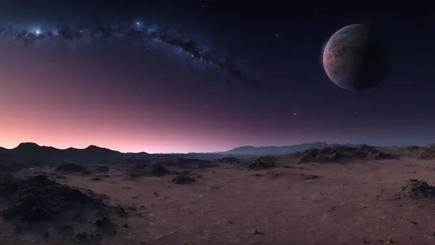 00019-Dry_Landscape_from_a_planet_in_the_evening_after_sunset_with_starry_sky_and_some_nebulas.Since_fiction.webp
