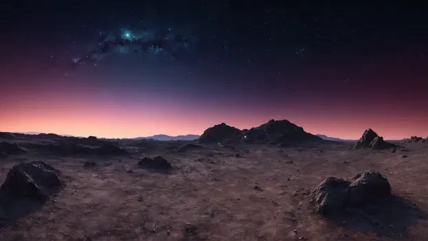 00026-Dry_Landscape_from_a_planet_in_the_evening_after_sunset_with_starry_sky_and_some_nebulas.Since_fiction.webp