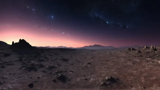 00027-Dry_Landscape_from_a_planet_in_the_evening_after_sunset_with_starry_sky_and_some_nebulas.Since_fiction.webp
