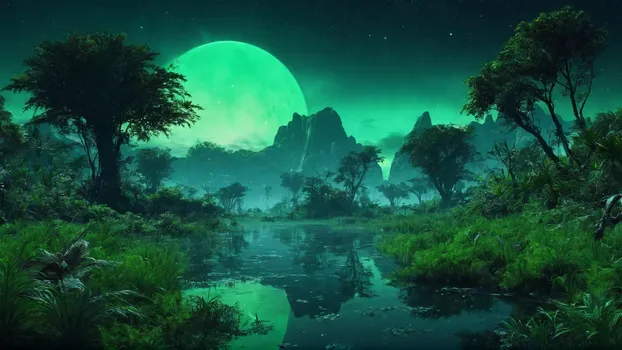 00056-Landscape_from_a_extrasolar_jungle_planet.very_green_and_overgrown.lot_of_water.completely_unknown_fauna_and_flora.in_the_e.webp