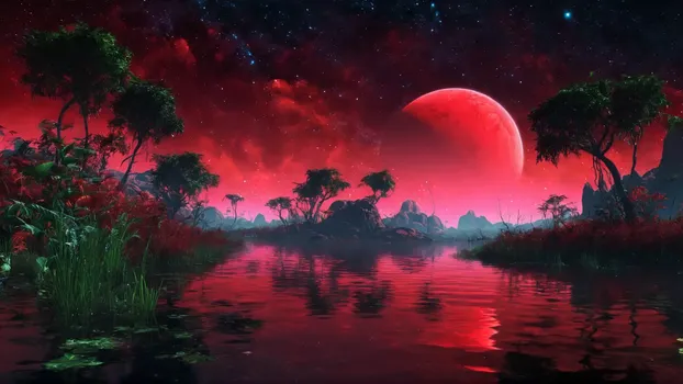 00058-Landscape_from_a_extrasolar_jungle_planet.very_red_and_overgrown.lot_of_water.completely_unknown_fauna_and_flora.in_the_eve.webp