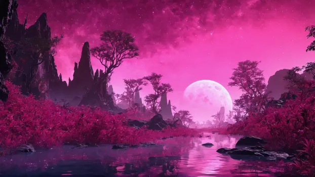 00061_pink_1.5_Landscape_from_a_extrasolar_jungle_planet.very_overgrown.lot_of_water.completely_unknown_fauna_and_flora.in_the_e.webp