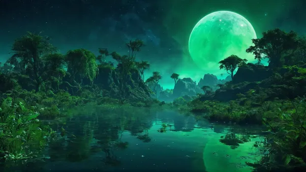 00057-Landscape_from_a_extrasolar_jungle_planet.very_green_and_overgrown.lot_of_water.completely_unknown_fauna_and_flora.in_the_e.webp