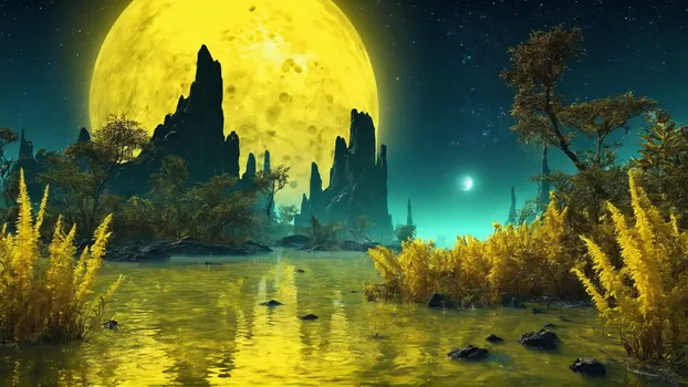 00062_yellow_1.5_Landscape_from_a_extrasolar_jungle_planet.very_overgrown.lot_of_water.completely_unknown_fauna_and_flora.in_the.webp